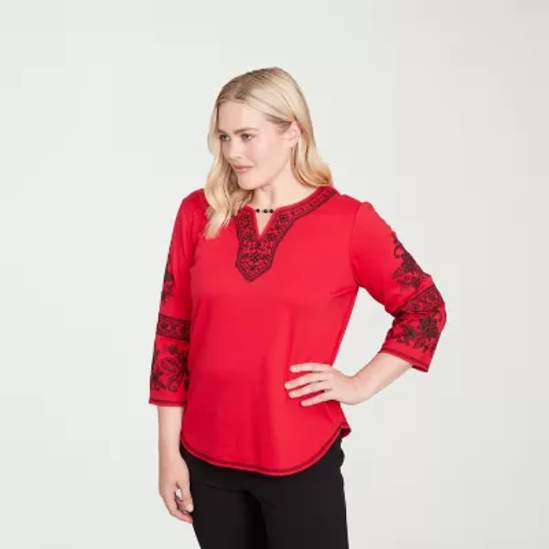 Alfred Dunner Jet Setter Womens Split Crew Neck 3/4 Sleeve T-Shirt