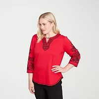 Alfred Dunner Jet Setter Womens Split Crew Neck 3/4 Sleeve T-Shirt