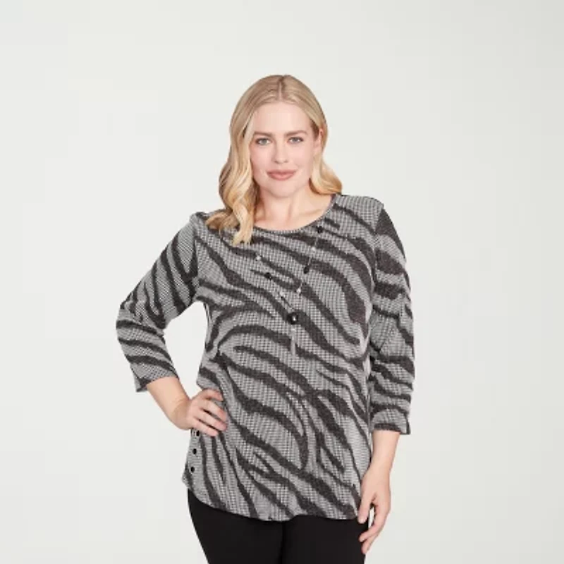 Alfred Dunner Jet Setter Womens Crew Neck 3/4 Sleeve T-Shirt