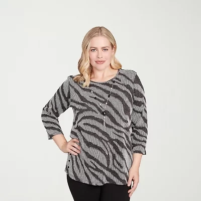 Alfred Dunner Jet Setter Womens Crew Neck 3/4 Sleeve T-Shirt