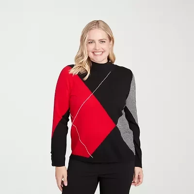 Alfred Dunner Jet Setter Womens Mock Neck Long Sleeve Argyle Pullover Sweater