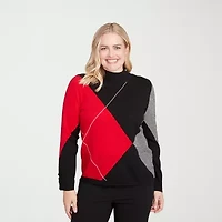 Alfred Dunner Jet Setter Womens Mock Neck Long Sleeve Argyle Pullover Sweater
