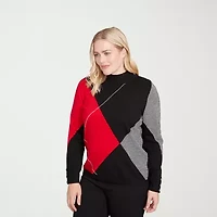 Alfred Dunner Jet Setter Womens Mock Neck Long Sleeve Argyle Pullover Sweater