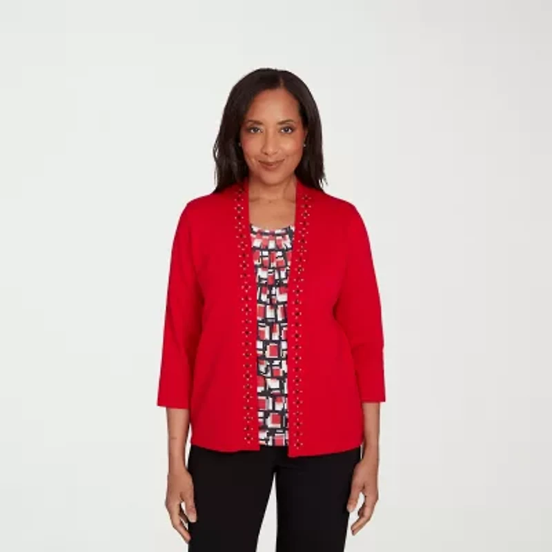 Alfred Dunner Jet Setter Womens Round Neck 3/4 Sleeve Geometric Pullover Sweater