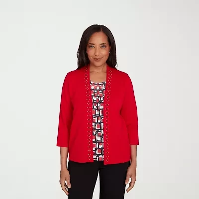 Alfred Dunner Jet Setter Womens Round Neck 3/4 Sleeve Geometric Pullover Sweater