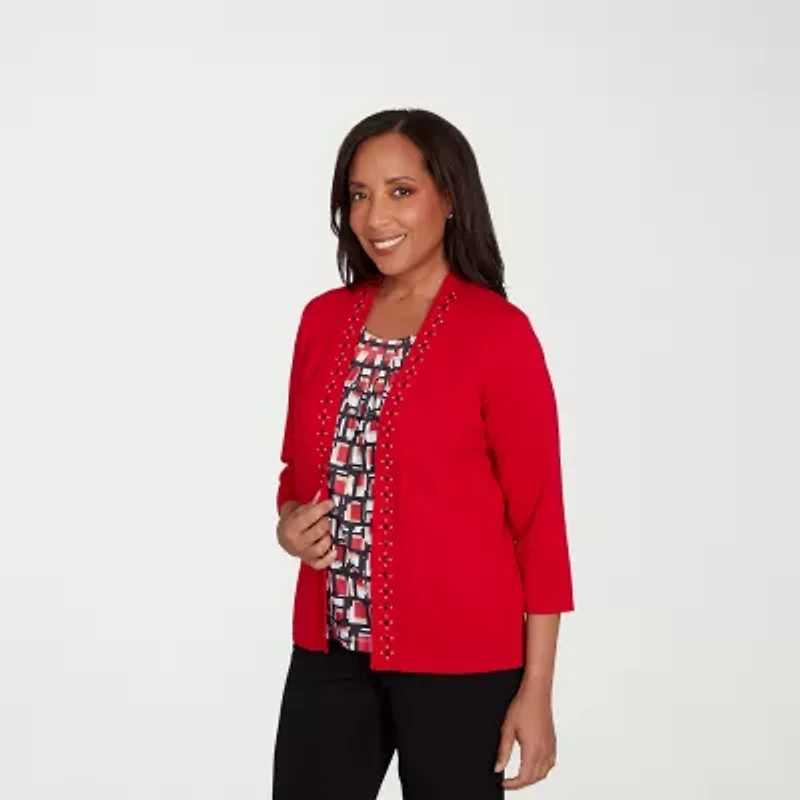 Alfred Dunner Jet Setter Womens Round Neck 3/4 Sleeve Geometric Pullover Sweater