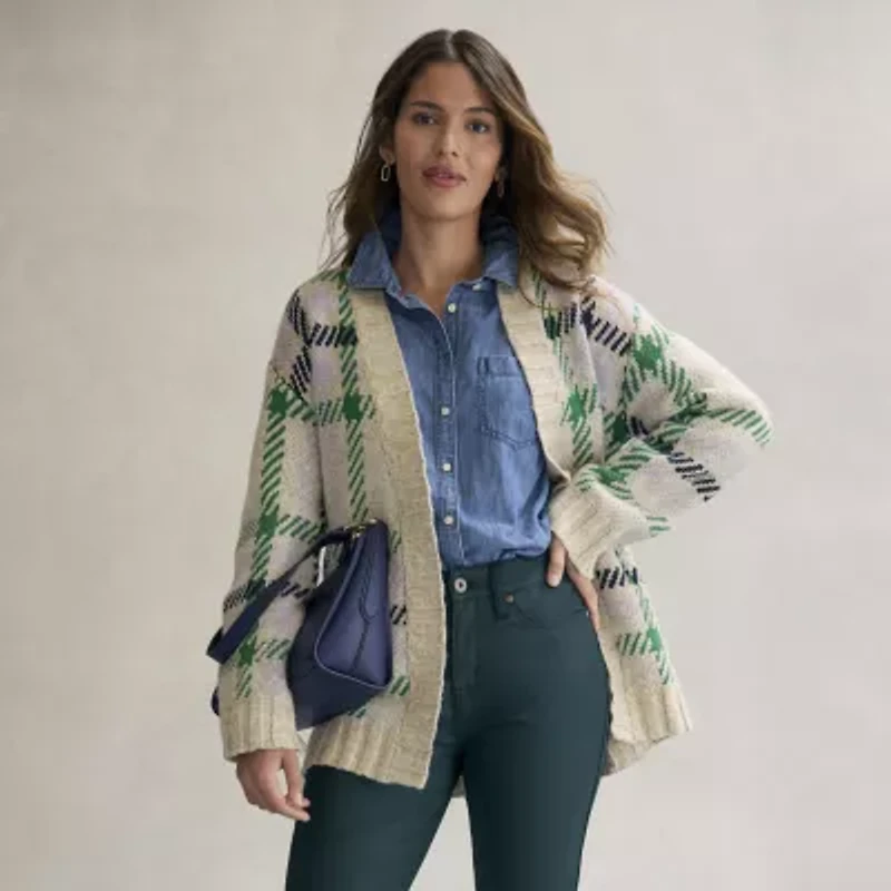 St. John's Bay Womens Long Sleeve Plaid Cardigan