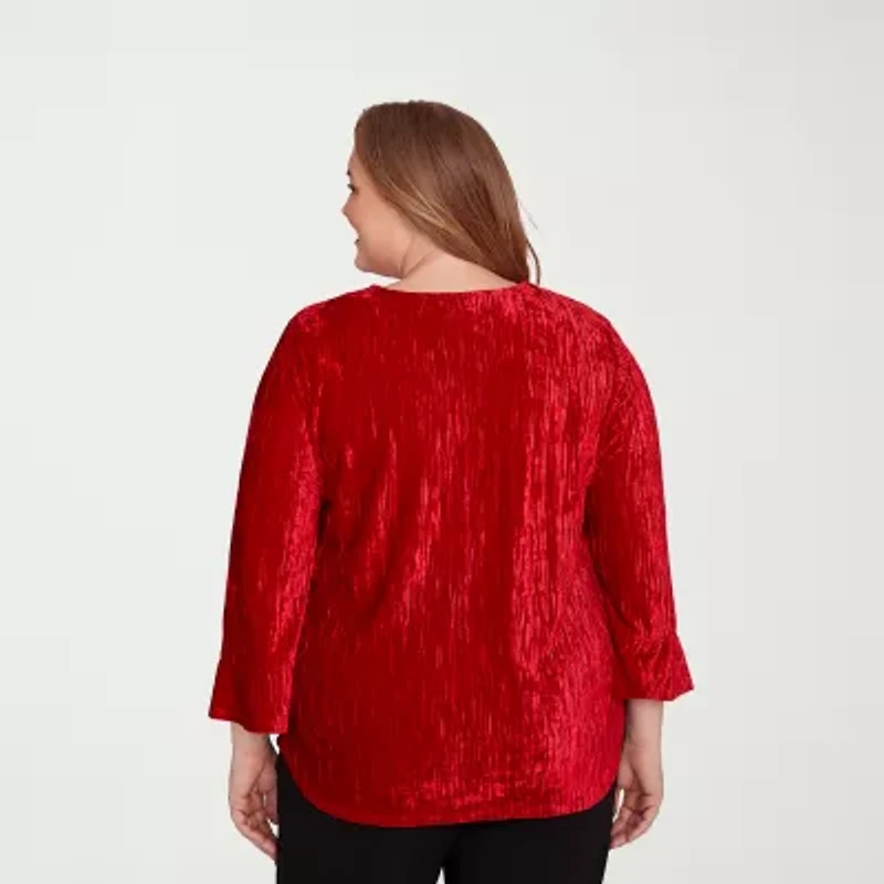 Alfred Dunner Jet Setter Womens Crew Neck 3/4 Sleeve Plus T-Shirt
