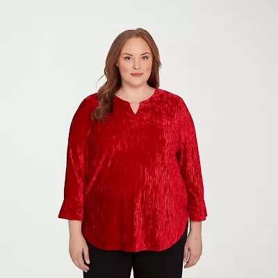 Alfred Dunner Jet Setter Womens Crew Neck 3/4 Sleeve Plus T-Shirt