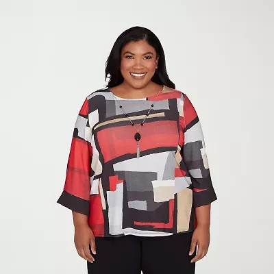 Alfred Dunner Jet Setter Womens Crew Neck 3/4 Sleeve Plus T-Shirt