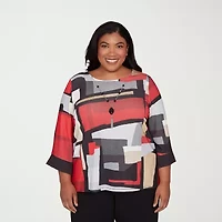 Alfred Dunner Jet Setter Womens Crew Neck 3/4 Sleeve Plus T-Shirt