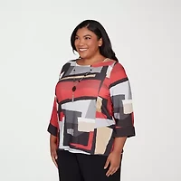 Alfred Dunner Jet Setter Womens Crew Neck 3/4 Sleeve Plus T-Shirt