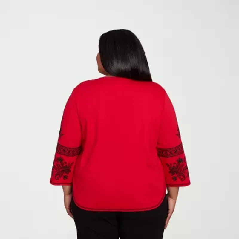 Alfred Dunner Jet Setter Womens Split Crew Neck 3/4 Sleeve Plus T-Shirt