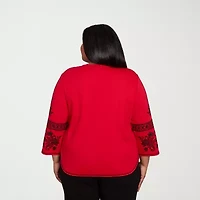 Alfred Dunner Jet Setter Womens Split Crew Neck 3/4 Sleeve Plus T-Shirt
