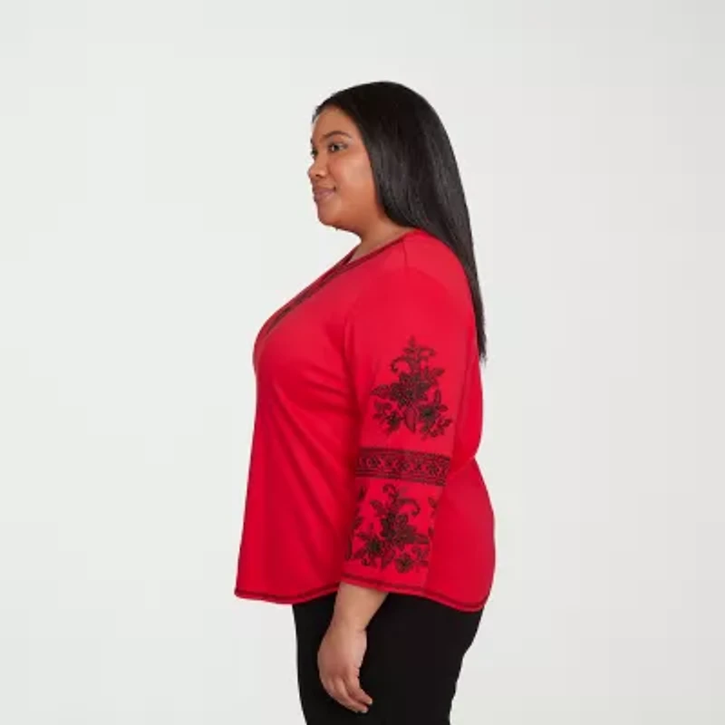 Alfred Dunner Jet Setter Womens Split Crew Neck 3/4 Sleeve Plus T-Shirt