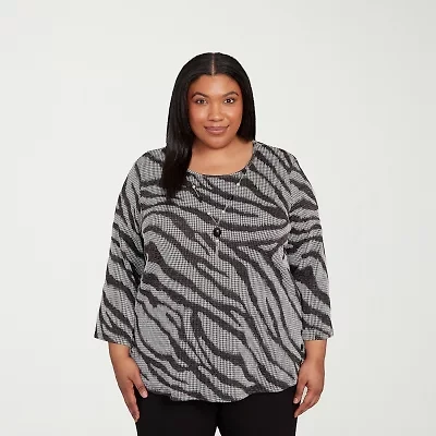 Alfred Dunner Jet Setter Womens Plus Crew Neck 3/4 Sleeve T-Shirt