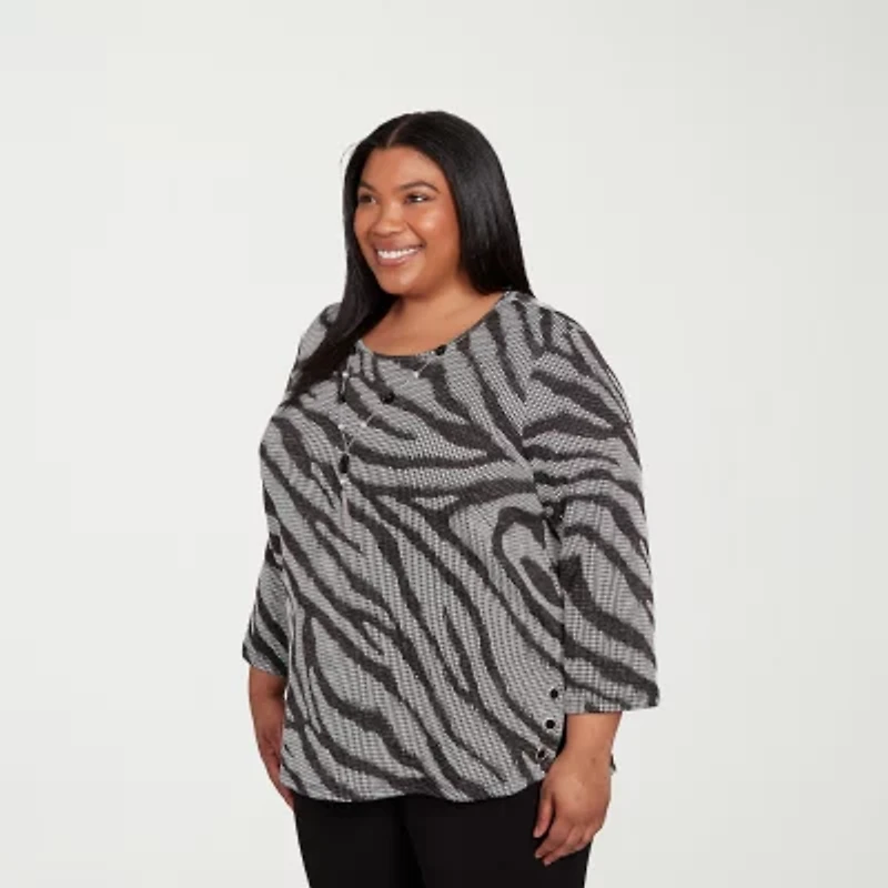 Alfred Dunner Jet Setter Womens Plus Crew Neck 3/4 Sleeve T-Shirt
