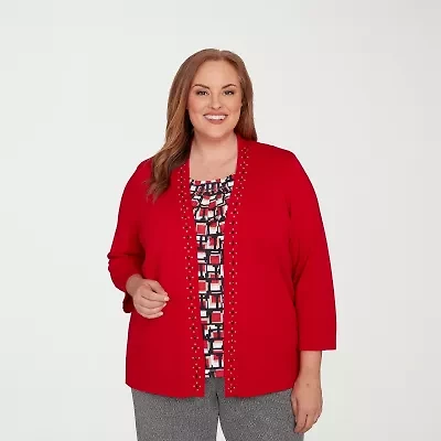 Alfred Dunner Jet Setter Womens Round Neck 3/4 Sleeve Geometric Layered Sweater Plus