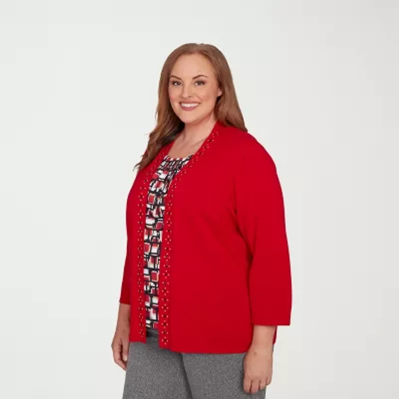 Alfred Dunner Jet Setter Womens Round Neck 3/4 Sleeve Geometric Layered Sweater Plus