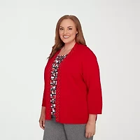 Alfred Dunner Jet Setter Womens Round Neck 3/4 Sleeve Geometric Layered Sweater Plus