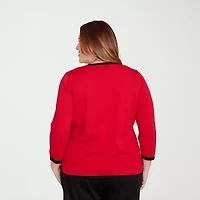 Alfred Dunner Plus Jet Setter Womens Crew Neck Long Sleeve Pullover Sweater