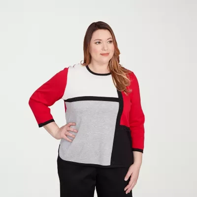 Alfred Dunner Plus Jet Setter Womens Crew Neck Long Sleeve Pullover Sweater