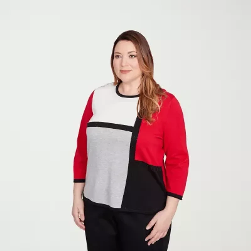 Alfred Dunner Plus Jet Setter Womens Crew Neck Long Sleeve Pullover Sweater