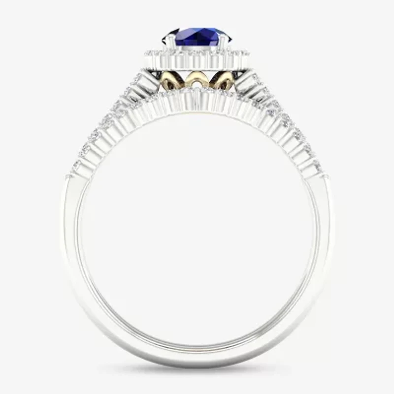 Womens 3/8 CT. T.W. Genuine Blue Sapphire 10K Two Tone Gold Round Halo Bridal Set