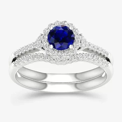 Womens 3/8 CT. T.W. Genuine Blue Sapphire 10K Two Tone Gold Round Halo Bridal Set