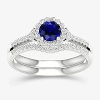 Womens 3/8 CT. T.W. Genuine Blue Sapphire 10K Two Tone Gold Round Halo Bridal Set