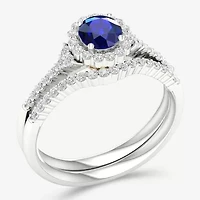 Womens 3/8 CT. T.W. Genuine Blue Sapphire 10K Two Tone Gold Round Halo Bridal Set
