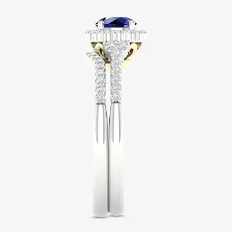 Modern Bride Gemstone Womens 3/8 CT. T.W. Genuine Blue Sapphire 10K Two Tone Gold Round Halo Bridal Set