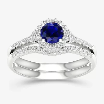 Modern Bride Gemstone Womens 14K Two Tone Gold Round Halo Bridal Set