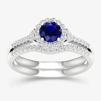 Modern Bride Gemstone Womens 14K Two Tone Gold Round Halo Bridal Set