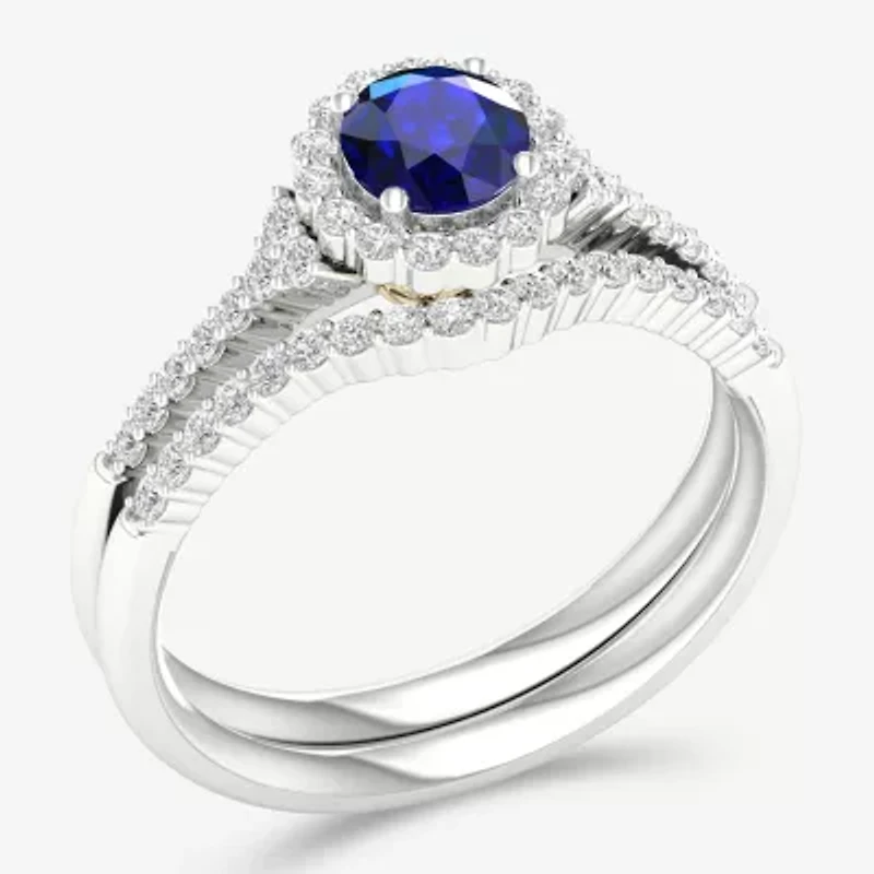 Modern Bride Gemstone Womens 14K Two Tone Gold Round Halo Bridal Set