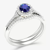 Modern Bride Gemstone Womens 14K Two Tone Gold Round Halo Bridal Set