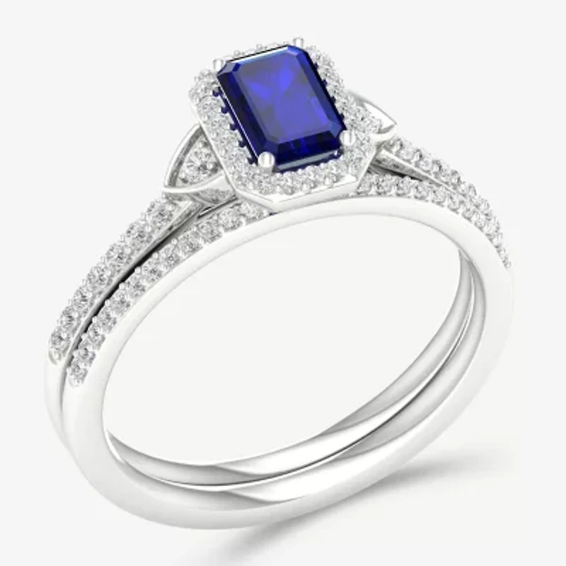 Modern Bride Gemstone Womens 1/ CT. T.W. Lead Glass-Filled Red Ruby 10K White Gold Halo Bridal Set