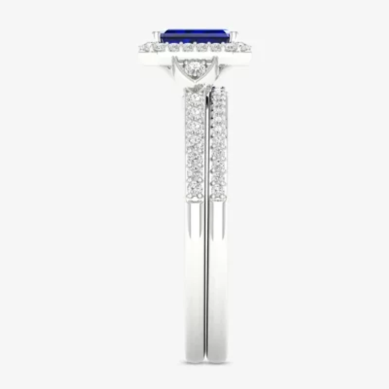 Modern Bride Gemstone Womens 1/ CT. T.W. Lead Glass-Filled Red Ruby 10K White Gold Halo Bridal Set