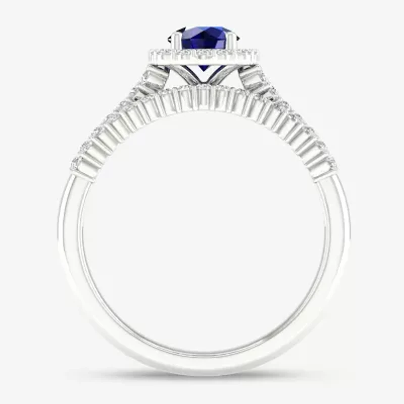 Modern Bride Gemstone Womens / CT. T.W. Genuine Sapphire 10K White Gold Round Halo Bridal Set