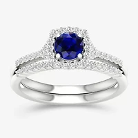 Modern Bride Gemstone Womens / CT. T.W. Genuine Sapphire 10K White Gold Round Halo Bridal Set