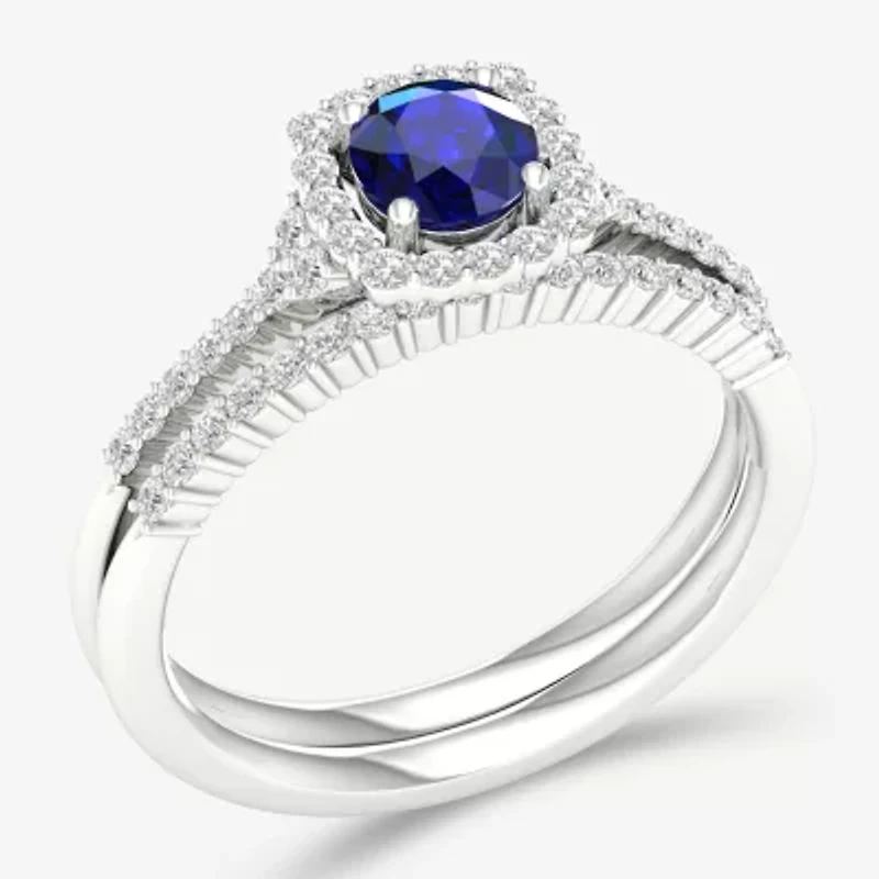 Modern Bride Gemstone Womens / CT. T.W. Genuine Sapphire 10K White Gold Round Halo Bridal Set