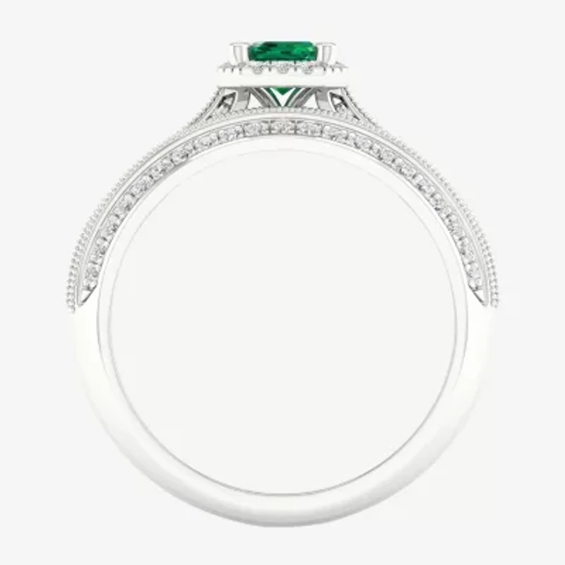 Modern Bride Gemstone Womens 1/2 CT. T.W. Genuine Green Emerald 10K White Gold Halo Bridal Set