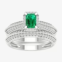 Modern Bride Gemstone Womens 1/2 CT. T.W. Genuine Green Emerald 10K White Gold Halo Bridal Set