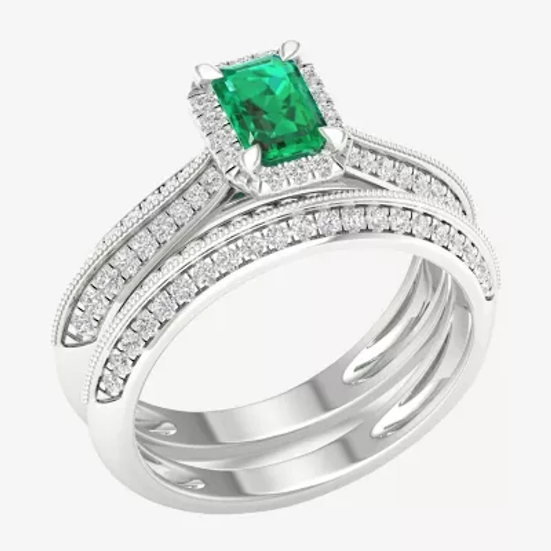 Modern Bride Gemstone Womens 1/2 CT. T.W. Genuine Green Emerald 10K White Gold Halo Bridal Set