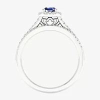 Modern Bride Gemstone and 1/3 CT. T.W. Diamond Halo Bridal Set 10K Gold