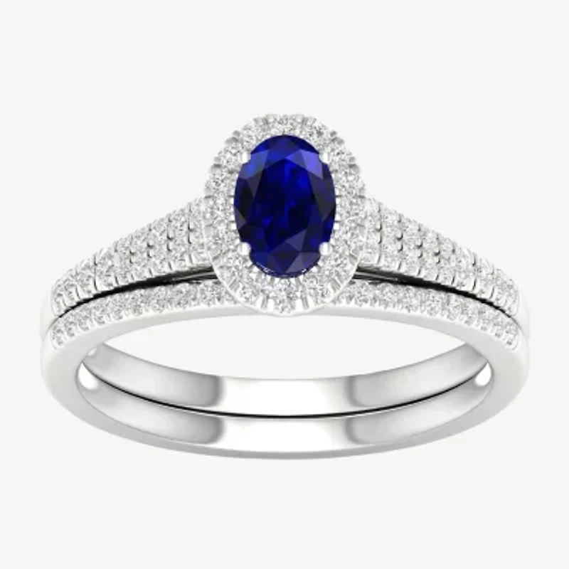 Modern Bride Gemstone and 1/3 CT. T.W. Diamond Halo Bridal Set 10K Gold
