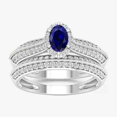 Modern Bride Gemstone and 1/2 CT. T.W. Diamond Oval Halo Bridal Set 10K Gold