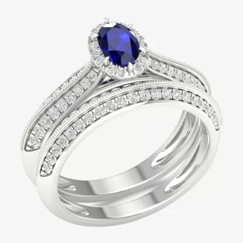 Modern Bride Gemstone and 1/2 CT. T.W. Diamond Oval Halo Bridal Set 10K Gold