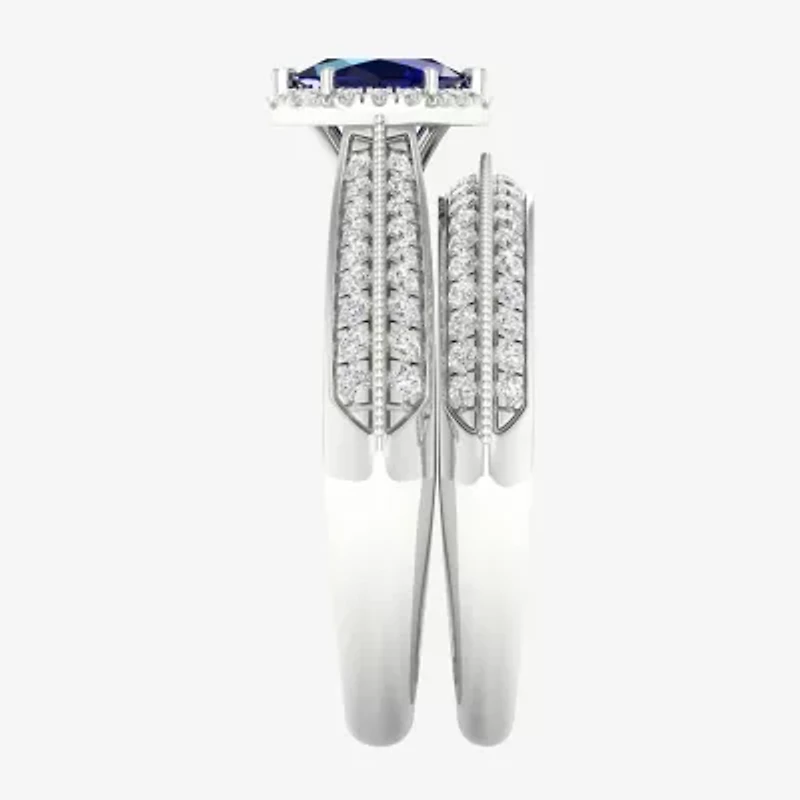 Modern Bride Gemstone and 1/2 CT. T.W. Diamond Oval Halo Bridal Set 10K Gold