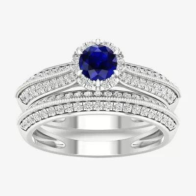 Modern Bride Gemstone Womens 1/2 CT. T.W. Genuine Pink Sapphire 10K White Gold Round Halo Bridal Set